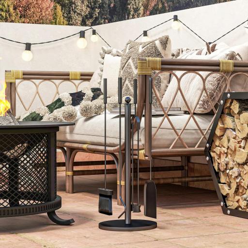 Juego de Herramientas para Chimenea de 5 Piezas de Metal con Escoba Pala Tenazas Atizador y Soporte Ø25x54 cm Negro