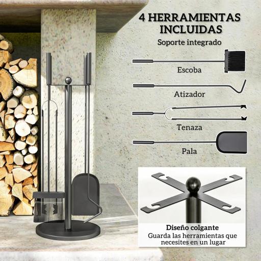Juego de Herramientas para Chimenea de 5 Piezas de Metal con Escoba Pala Tenazas Atizador y Soporte Ø25x54 cm Negro [1]