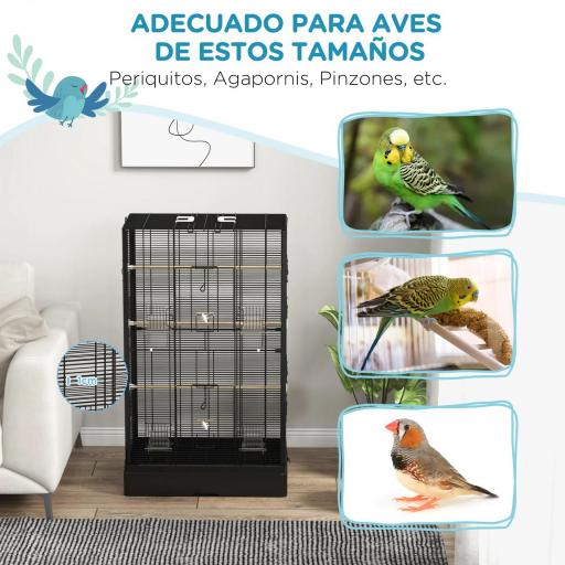 Jaula para Pájaros 61x36,5x98 cm con 8 Puertas 5 Perchas Bandeja Extraíble y 4 Comederos para Periquitos Pinzones Negro [4]