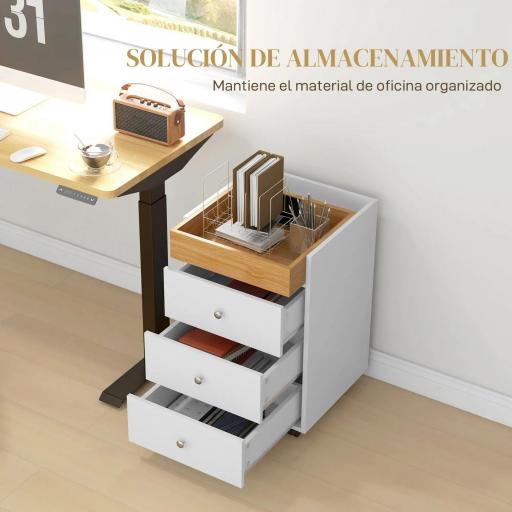 Cajonera de Oficina con 4 Ruedas 3 Cajones y 1 Bandeja Extraíble Carga 30 kg 43x40x66,5 cm Blanco y Natural [5]