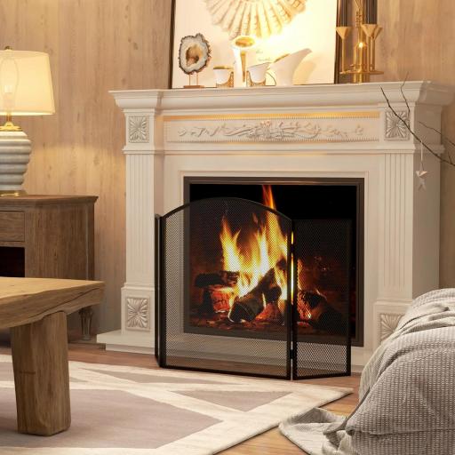 Protector de Chimenea Plegable de 3 Paneles Pantalla de Chimenea con Estructura de Acero 96x62 cm Negro