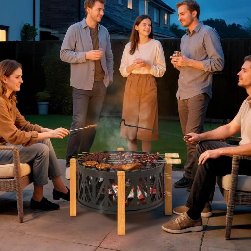Chimenea 2 en 1 Ø75 x 58 cm Fuente de Fuego con Protector contra Chispas Pincho para Brasas Negro