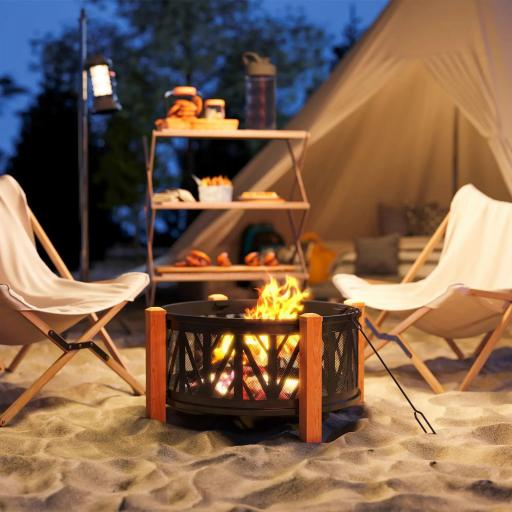 Chimenea 2 en 1 Ø75 x 58 cm Fuente de Fuego con Protector contra Chispas Pincho para Brasas Negro [2]