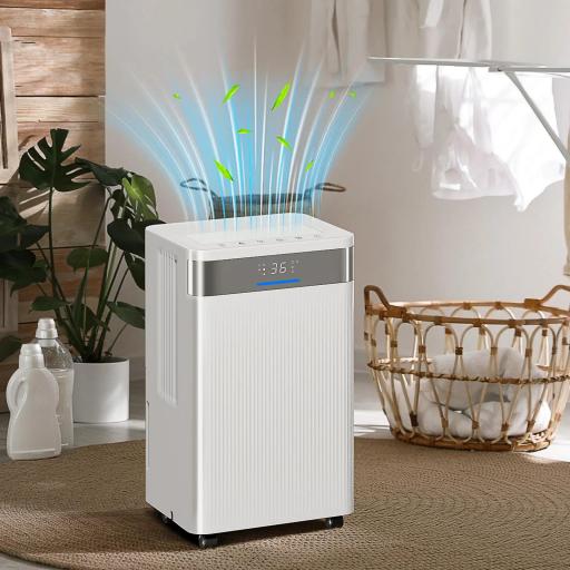 Deshumidificador 12L/día Silencioso con 3 Modos Pantalla LED Temporizado 24H Bloqueo Infantil y Drenaje Continuo Blanco