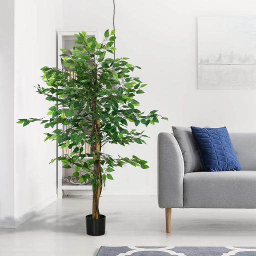 Planta Artificial con Troncos Naturales 150 cm Ficus Sintética con 882 Hojas Decoración para Hogar Verde [5]