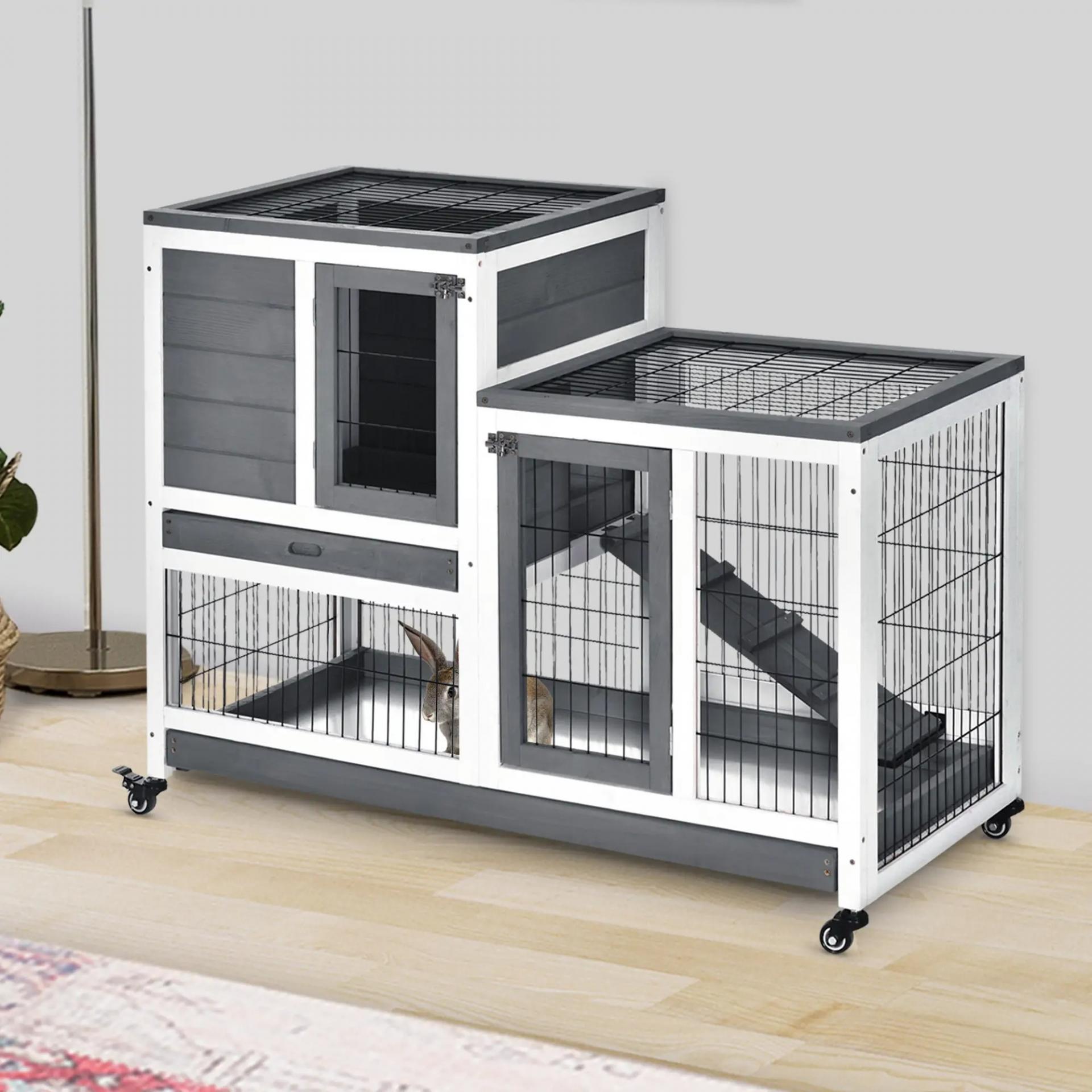 Conejera de Madera con Ruedas para Interior Jaula de 2 Pisos con Rampa y 2 Bandejas Extraíbles 110x50x88cm Gris