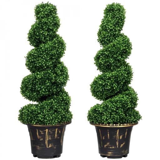 Árbol Artificial en Espiral de Boj, Set de 2 Plantas Artificiales, con Maceta, Altura de 90 cm, Verde [5]