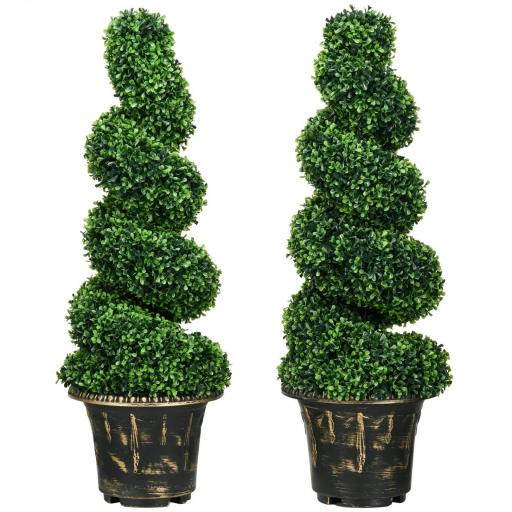 Árbol Artificial en Espiral de Boj, Set de 2 Plantas Artificiales, con Maceta, Altura de 90 cm, Verde [4]