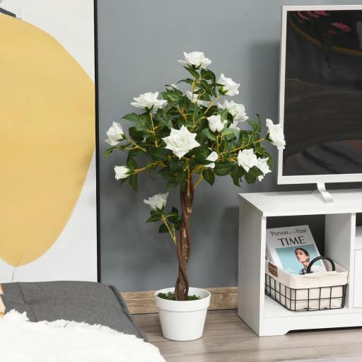 Planta Artificial de 90 cm Rosa Blanca Realista con 21 Flores y 350 Hojas Maceta de Cemento Verde