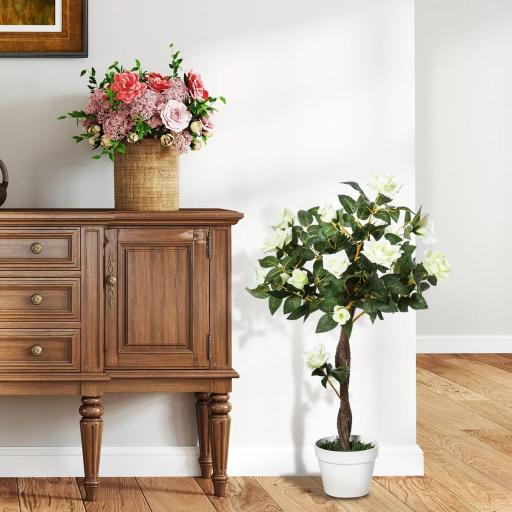Planta Artificial de 90 cm Rosa Blanca Realista con 21 Flores y 350 Hojas Maceta de Cemento Verde [6]
