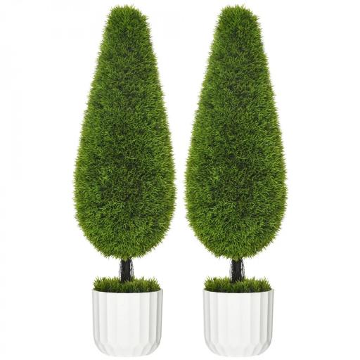 Conjunto de 2 Plantas Artificiales con Maceta y Musgo Artificial; Ciprés Artificial Blanco + Verde [4]