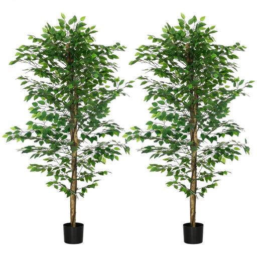 Lote de 2 plantas artificiales ficus altura 1,80 m tronco ramas liana musgo hojas gran realismo maceta incluida Verde [4]