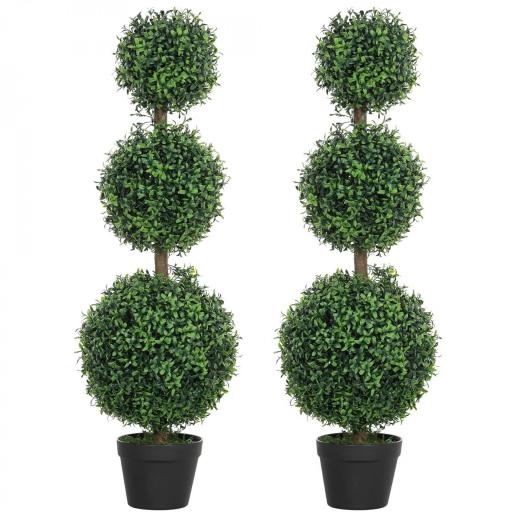 Lote de 2 árboles artificiales 101,6 cm 3 bolas de buxus topiarias planta falsa verde PE con maceta interior y exterior