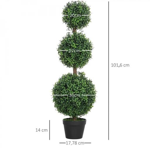 Lote de 2 árboles artificiales 101,6 cm 3 bolas de buxus topiarias planta falsa verde PE con maceta interior y exterior [2]