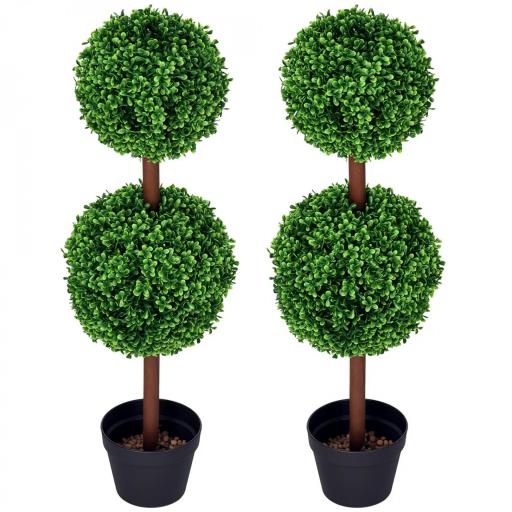 Conjunto de 2 árboles boj artificial doble bola con tronco y maceta incluidos - altura 90 cm Verde [5]