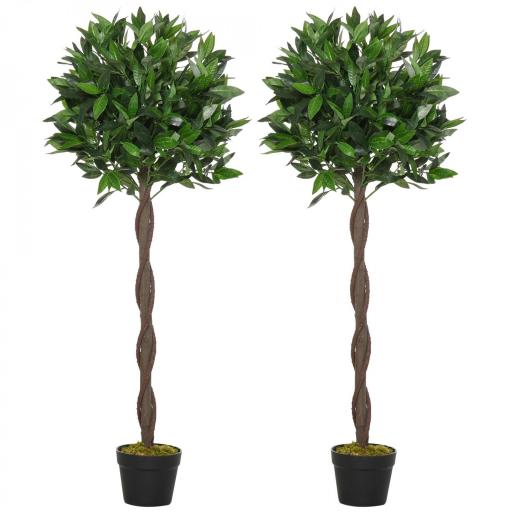 2 Plantas Artificiales de 120 cm de Altura Árboles de Laurel Decorativos con Maceta para Hogar Salón Uso en Interiores y Exteriores Verde