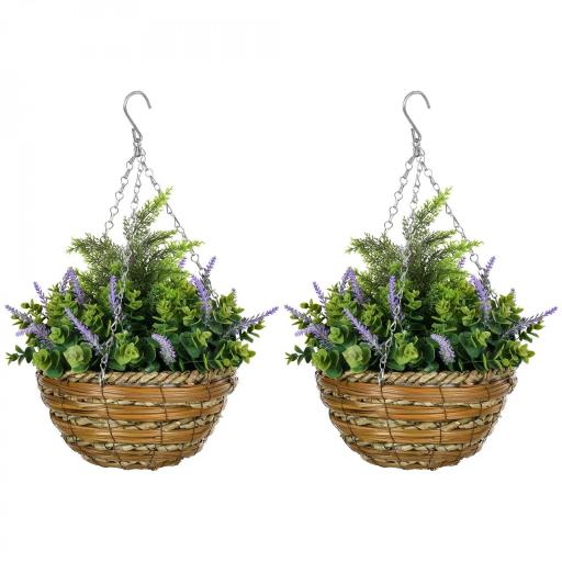 Conjunto de Plantas Artificiales de Lavanda con Maceta y Gancho en PE y Mimbre 25x34 cm Verde y Violeta [3]
