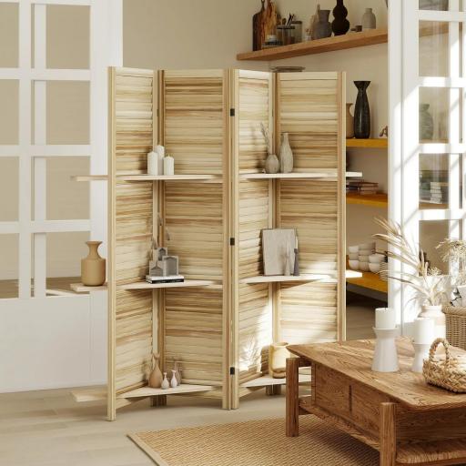 Biombo interior de madera 4 paneles 160 x 170 cm, separador de ambientes plegable con 3 estantes, madera natural