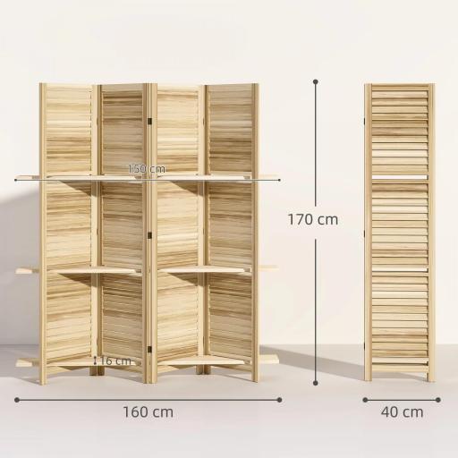 Biombo interior de madera 4 paneles 160 x 170 cm, separador de ambientes plegable con 3 estantes, madera natural [1]