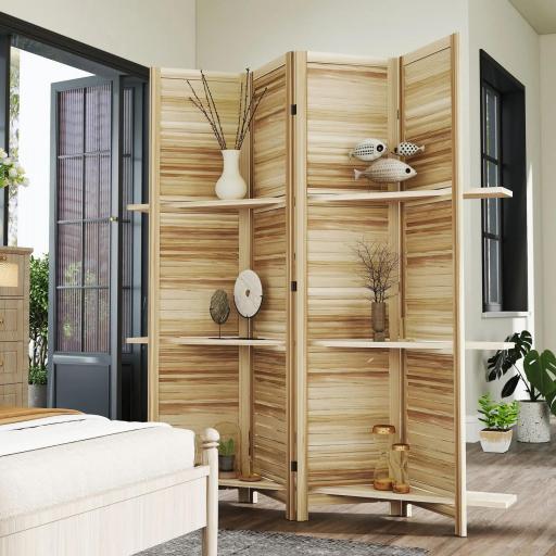 Biombo interior de madera 4 paneles 160 x 170 cm, separador de ambientes plegable con 3 estantes, madera natural [2]