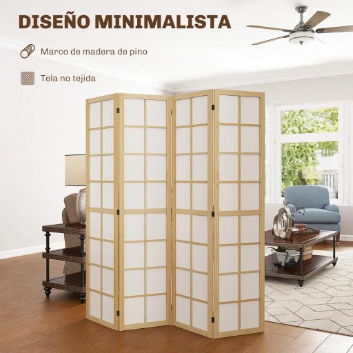 Biombo de 4 Paneles Plegable con Marco de Madera 160x170 cm para Dormitorio Oficina Salón Natural [3]