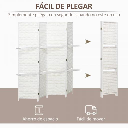 Biombo Separador de Ambientes Plegable con 2 Estantes de Madera de Pino y Fibra de Papel 181x180 cm Blanco [2]