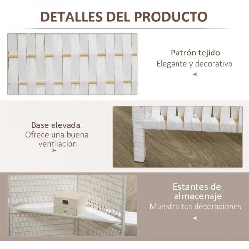 Biombo Separador de Ambientes Plegable con 2 Estantes de Madera de Pino y Fibra de Papel 181x180 cm Blanco [4]