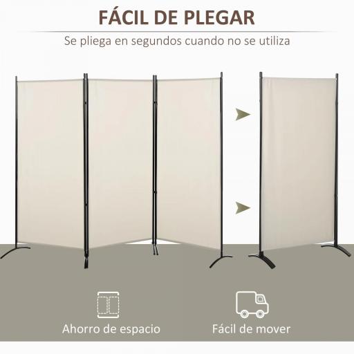 Biombo Separador de Ambientes de 3 Paneles 253x50x182 cm Divisor de Habitación Plegable con 6 Pies de Metal Beige [4]