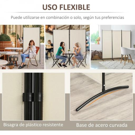 Biombo Separador de Ambientes de 3 Paneles 253x50x182 cm Divisor de Habitación Plegable con 6 Pies de Metal Beige [2]