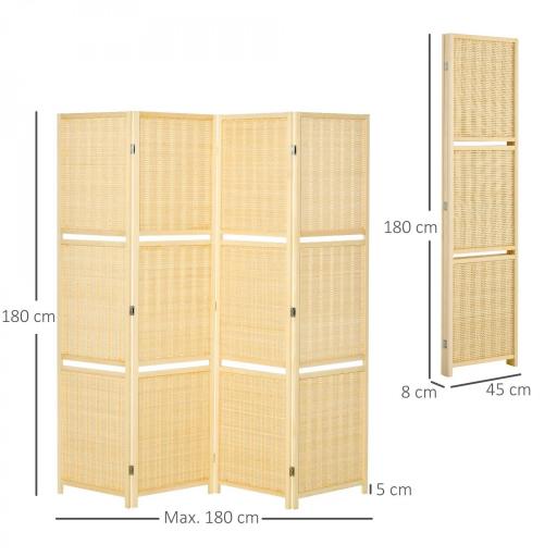 Biombo Separador de Ambientes Plegable de 4 Paneles con 2 Estantes Extraíbles para Dormitorio 180x180 cm Natural [1]