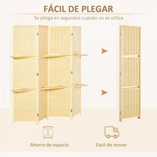 Biombo Separador de Ambientes Plegable de 4 Paneles con 2 Estantes Extraíbles para Dormitorio 180x180 cm Natural [4]