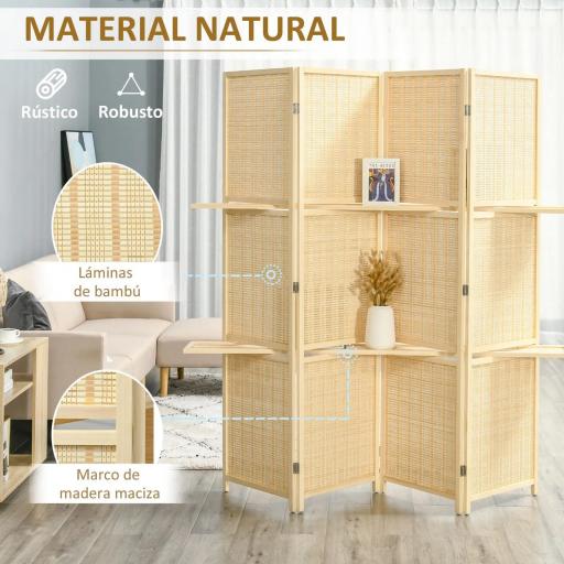Biombo Separador de Ambientes Plegable de 4 Paneles con 2 Estantes Extraíbles para Dormitorio 180x180 cm Natural [3]