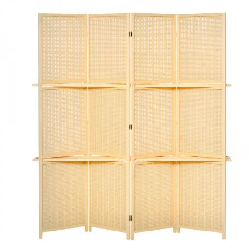 Biombo Separador de Ambientes Plegable de 4 Paneles con 2 Estantes Extraíbles para Dormitorio 180x180 cm Natural [9]