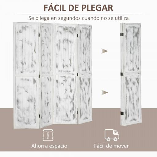 Biombo Divisor Separador de Ambientes de 4 Paneles Plegables de Madera de Paulonia 160,5x170 cm Blanco Rústico [3]