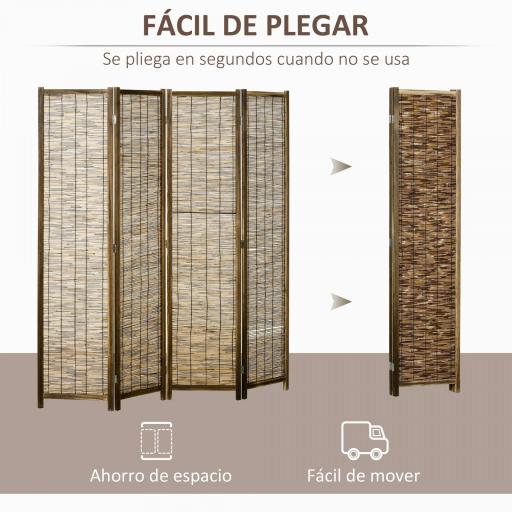 Biombo de 4 Paneles Plegable 160x1,8x170 cm Separador de Ambientes de Madera y Carrizo Natural [4]