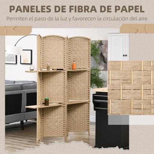 Biombo Separador de Ambientes 4 Paneles 160x170 cm con 2 Estantes de Exhibición Pantalla de Privacidad Plegable Natural [3]