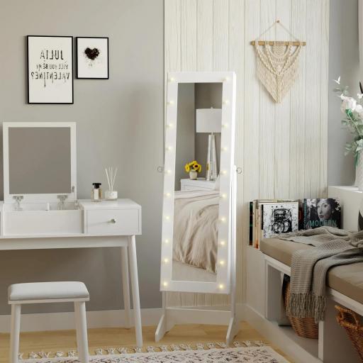 Espejo Joyero con 20 Luces LED Armario Joyero Reclinable con Guardajoyas Anillos Pendientes Collares 40x37x146 cm Blanco