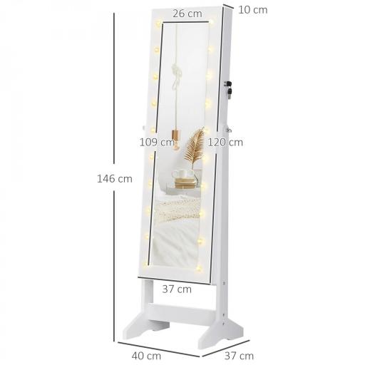 Espejo Joyero con 20 Luces LED Armario Joyero Reclinable con Guardajoyas Anillos Pendientes Collares 40x37x146 cm Blanco [1]