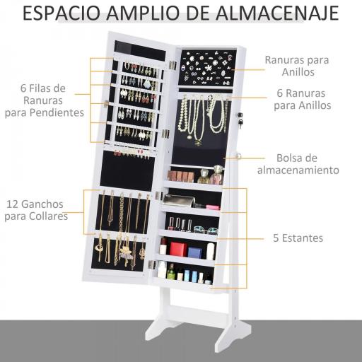 Espejo Joyero con 20 Luces LED Armario Joyero Reclinable con Guardajoyas Anillos Pendientes Collares 40x37x146 cm Blanco [2]