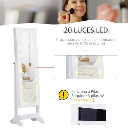 Espejo Joyero con 20 Luces LED Armario Joyero Reclinable con Guardajoyas Anillos Pendientes Collares 40x37x146 cm Blanco [3]