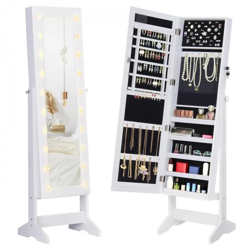 Espejo Joyero con 20 Luces LED Armario Joyero Reclinable con Guardajoyas Anillos Pendientes Collares 40x37x146 cm Blanco [9]