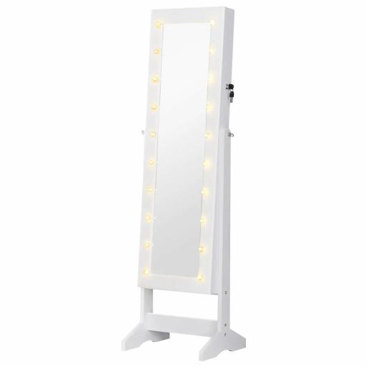 Espejo Joyero con 20 Luces LED Armario Joyero Reclinable con Guardajoyas Anillos Pendientes Collares 40x37x146 cm Blanco [8]