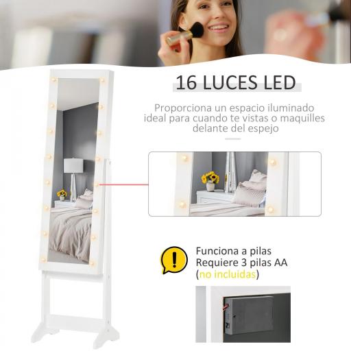 Espejo Joyero de Pie con 16 Luces LED y Ángulo Ajustable Organizador de Joyas con Estantes 36x30x136 cm Blanco Cálido [3]