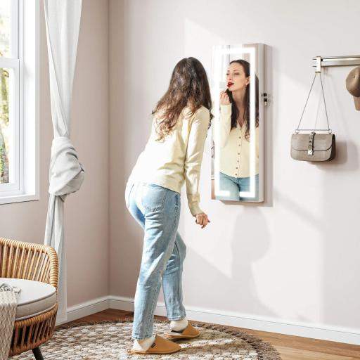 Espejo Joyero de Pared con Luces LED y Cerradura Armario de Joyas para Colgar en la Pared o en la Puerta Blanco