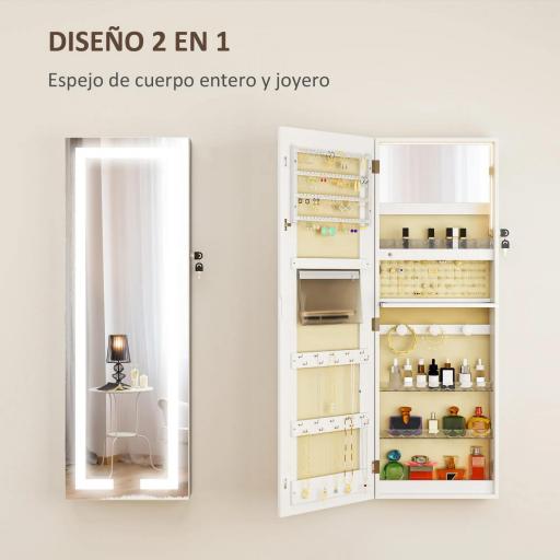 Espejo Joyero de Pared con Luces LED y Cerradura Armario de Joyas para Colgar en la Pared o en la Puerta Blanco [6]