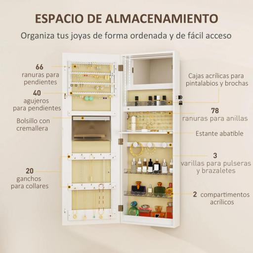 Espejo Joyero de Pared con Luces LED y Cerradura Armario de Joyas para Colgar en la Pared o en la Puerta Blanco [2]