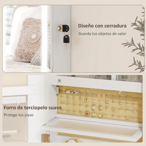 Espejo Joyero de Pared con Luces LED y Cerradura Armario de Joyas para Colgar en la Pared o en la Puerta Blanco [3]