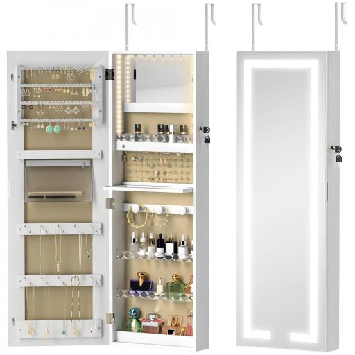 Espejo Joyero de Pared con Luces LED y Cerradura Armario de Joyas para Colgar en la Pared o en la Puerta Blanco [9]