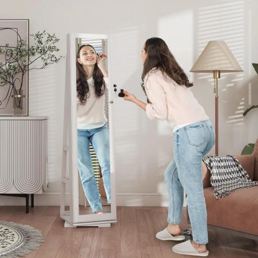 Espejo Joyero Giratorio 360° Organizador de Joyas con Cerradura y Espejo Pequeño Incorporado 38x38x160 cm Blanco Veteado