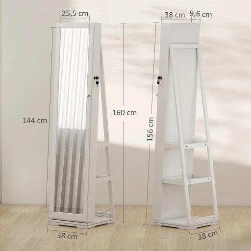 Espejo Joyero Giratorio 360° Organizador de Joyas con Cerradura y Espejo Pequeño Incorporado 38x38x160 cm Blanco Veteado [2]